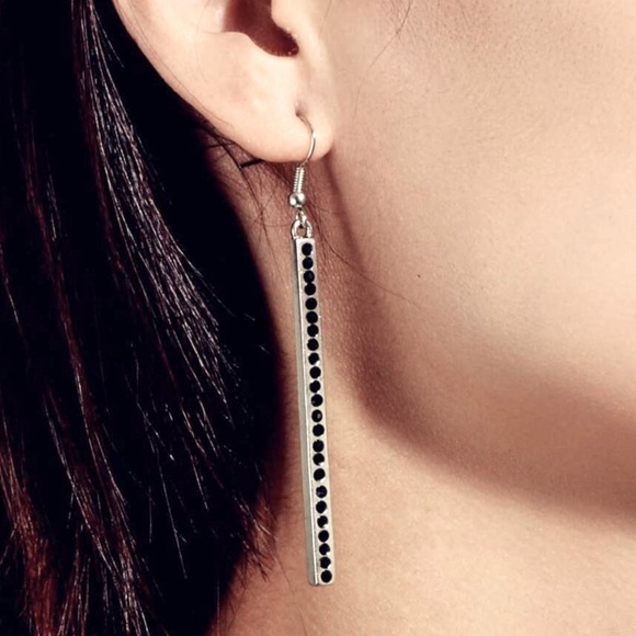 Any 2/$20! Silver Black Crystal Pave Bar Earrings - Picture 5 of 8